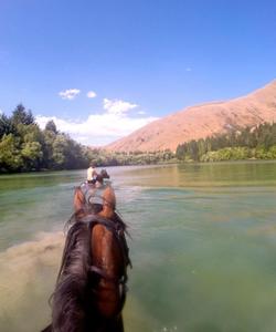 Swimming across the lake atop a horse 