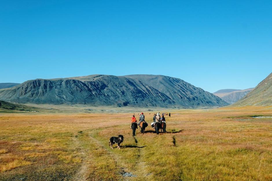 A group of horse riders on the Mongolian Altai