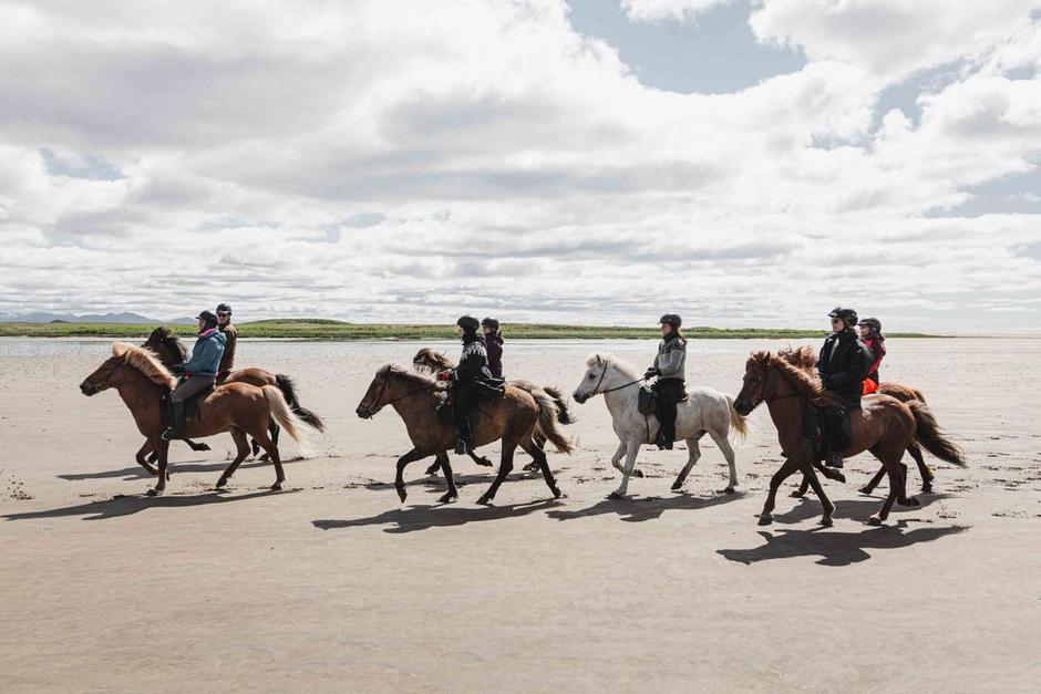 Horseback riders on the beach of Iceland