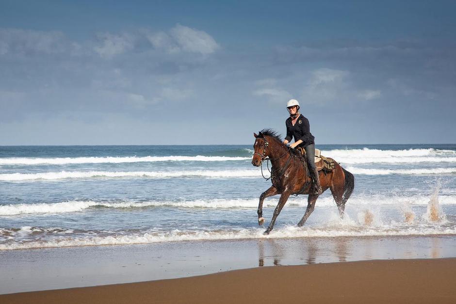 A girl riding a horse on the coast of South Africa